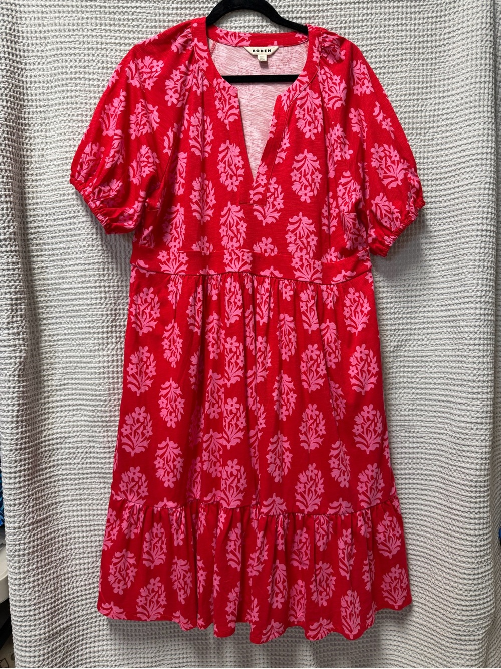 Boden US 14L Hot Red and Pink Floral Tiered Midi Dress